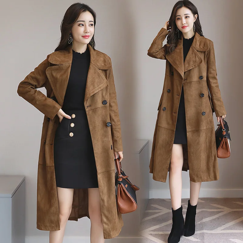 Newest Faux Suede Elegant Double Pocket Women's Long Designer Trench Spring autumn Fashionable turn-down collar Coat Women
Newest Faux Suede Elegant Double Pocket Women's Long Designer Trench Spring autumn Fashionable turn-down collar Coat Women
