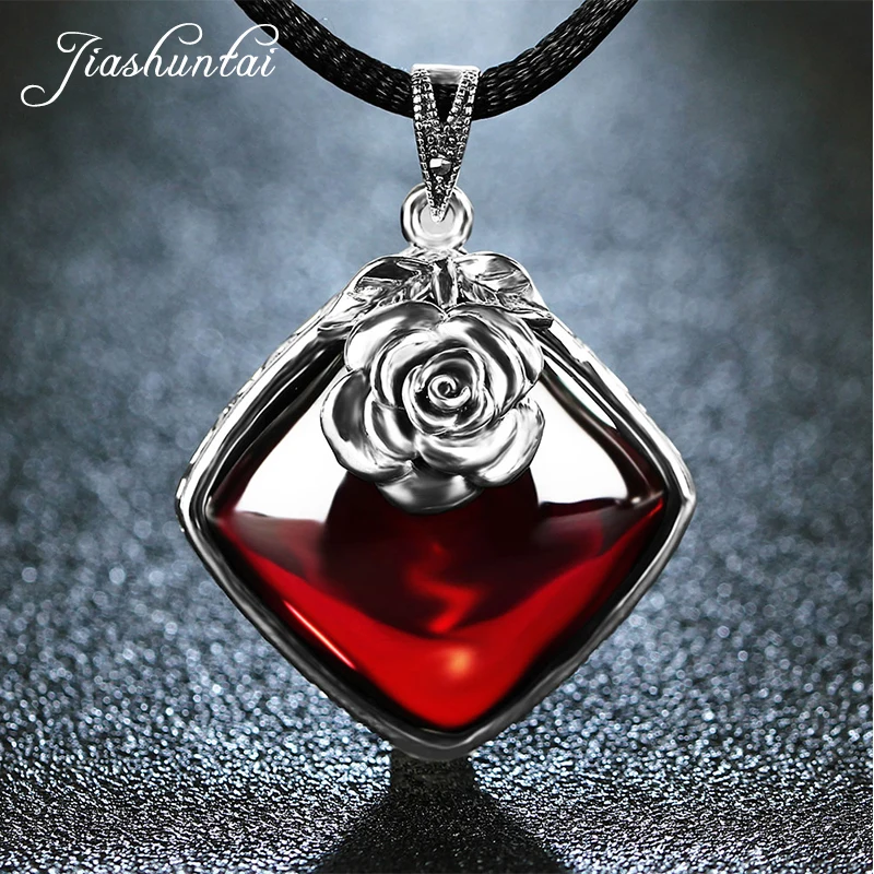 

JIASHUNTAI 100% 925 Sterling Silver Rose Necklace Pendant For Women Retro Natural Garnet Gemstone Vintage Pendant Jewelry