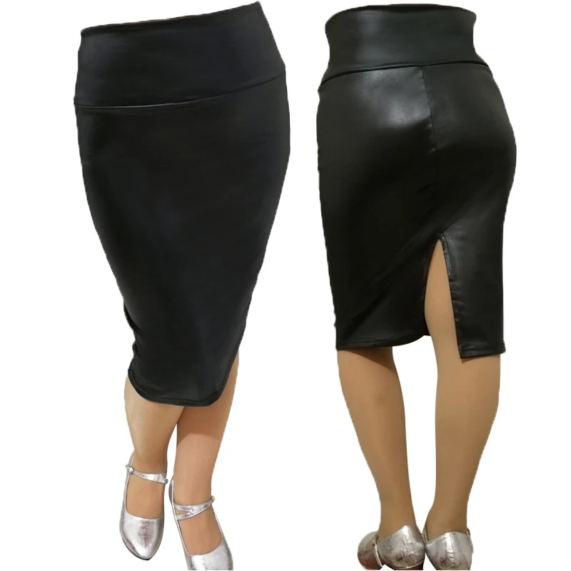 PU Искусственная кожа Bodycon женщина юбка Разделение до колена Длина пикантные