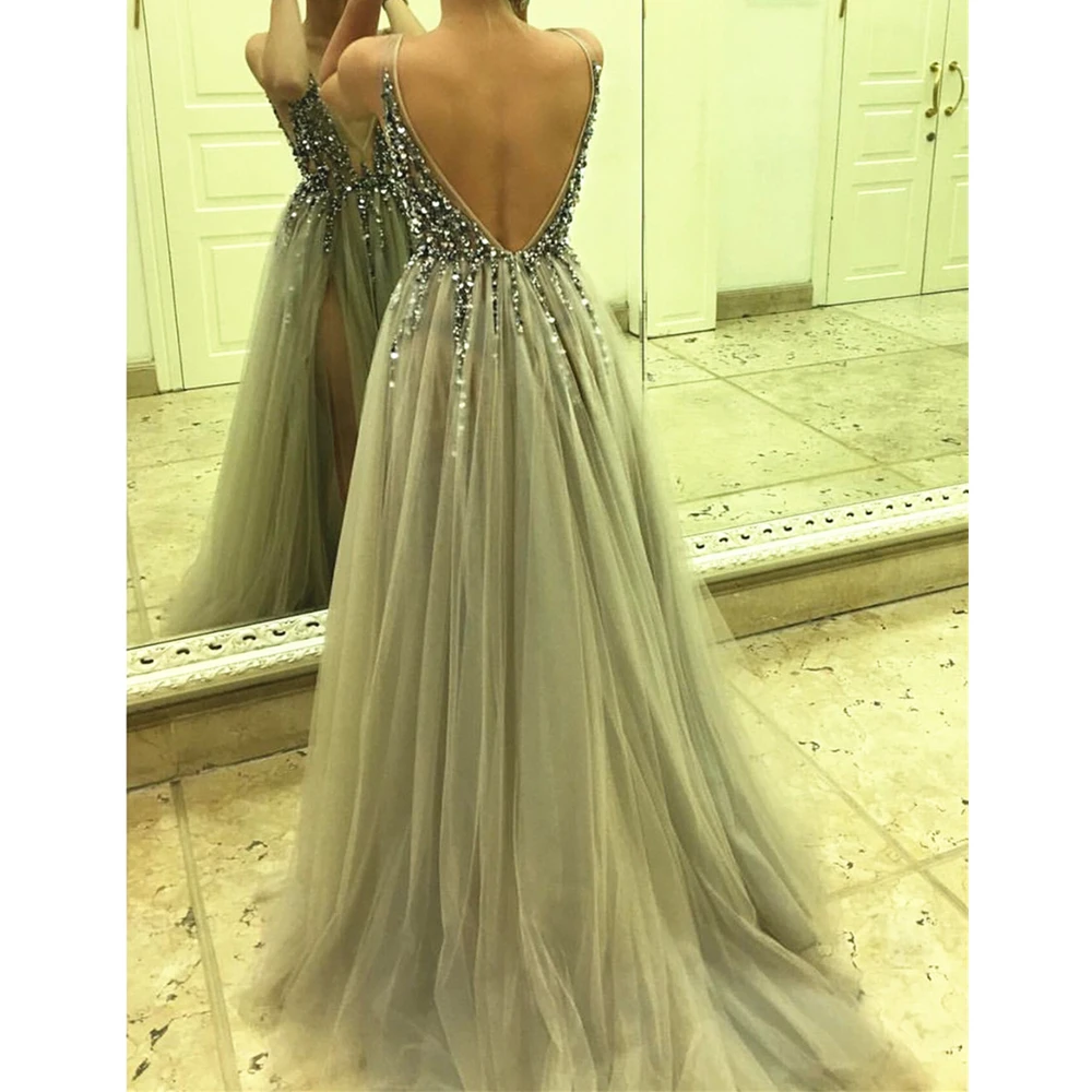 Sliver Crystals Evening Dress TulleBackless High Split Charming Summer Prom Gowns Floor Length Custom Made Party Dresses
Sliver Crystals Evening Dress TulleBackless High Split Charming Summer Prom Gowns Floor Length Custom Made Party Dresses