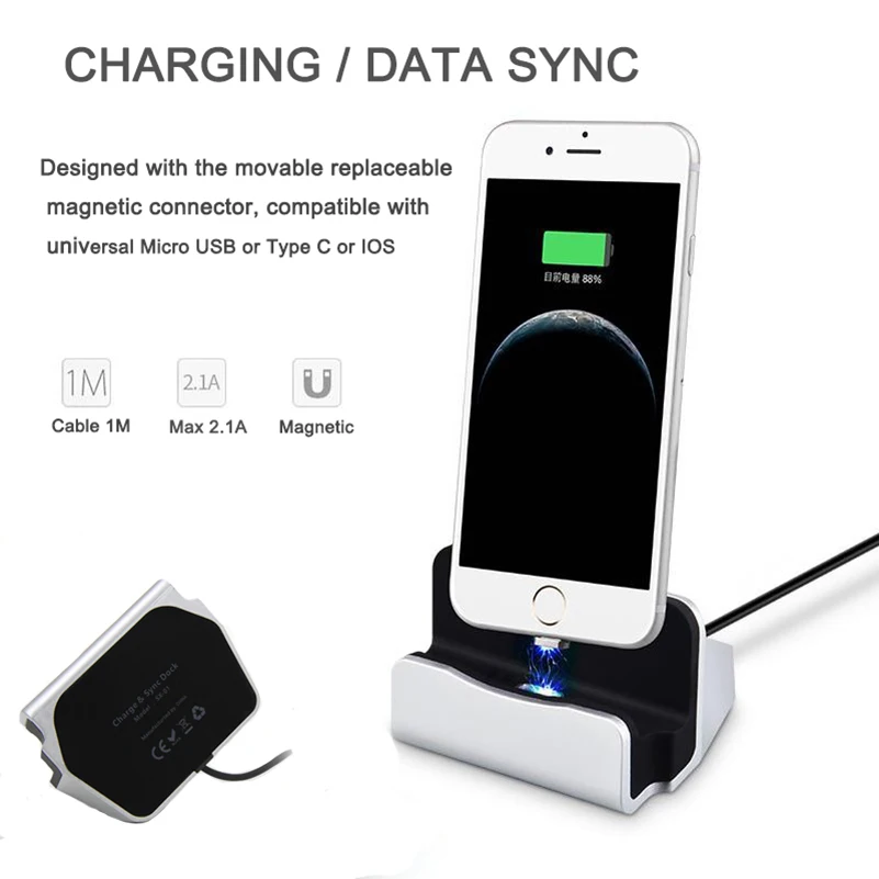 Магнитная адсорбционная док-станция 3 в 1 Type-C / Micro USB/IOS настольная зарядная