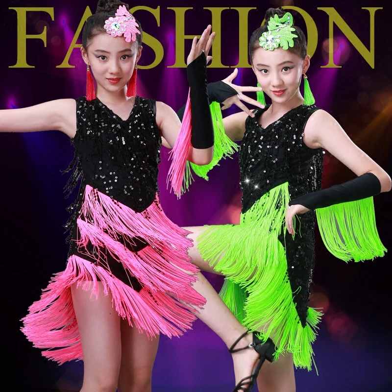 Latest Latin Fringe Sequin Dress Salsa Dance Clothes Samba Costume Kids Child For Girls | Тематическая одежда и униформа