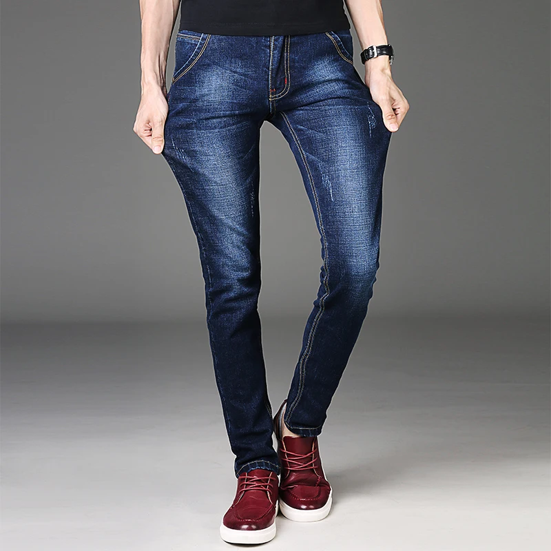 Классические мужские джинсы прямые синие Стрейчевые потертые джинсовые брюки