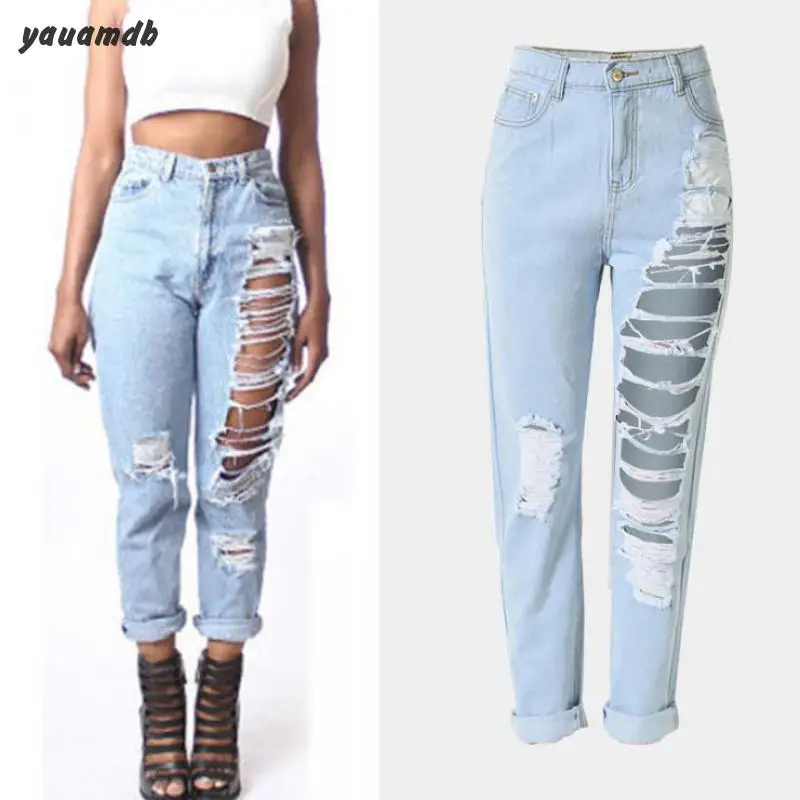 

Size Xs-3XL Women Denim Jeans New Spring/Summer Female Loose Ankle-Length Pants Sexy Ripped Pencil Hole Trousers Clothes Y72
