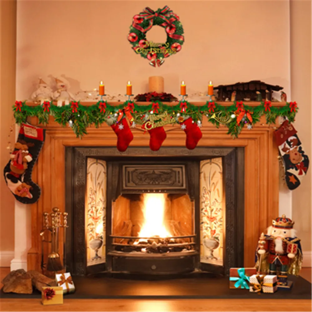

Indoor Fireplace Merry Christmas Background Vinyl Printed Garland Candles Gift Boxes Stockings Kids Party Photography Backdrops