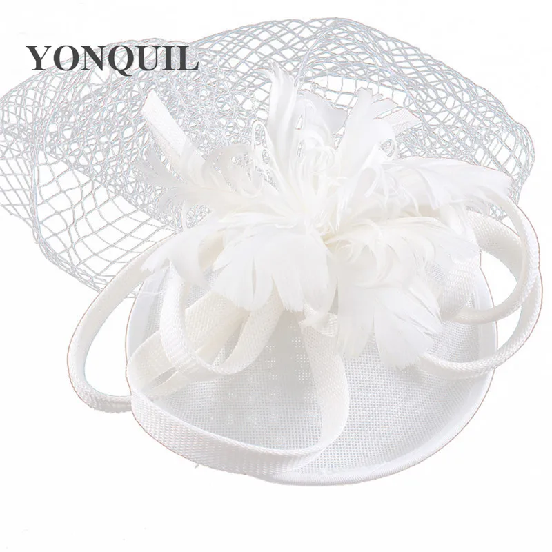

White Wedding Hats Veils Fascinators Women Bridal Headpieces Feather Party Tocados Sombreros Bodas Imitation Sinamay Hats