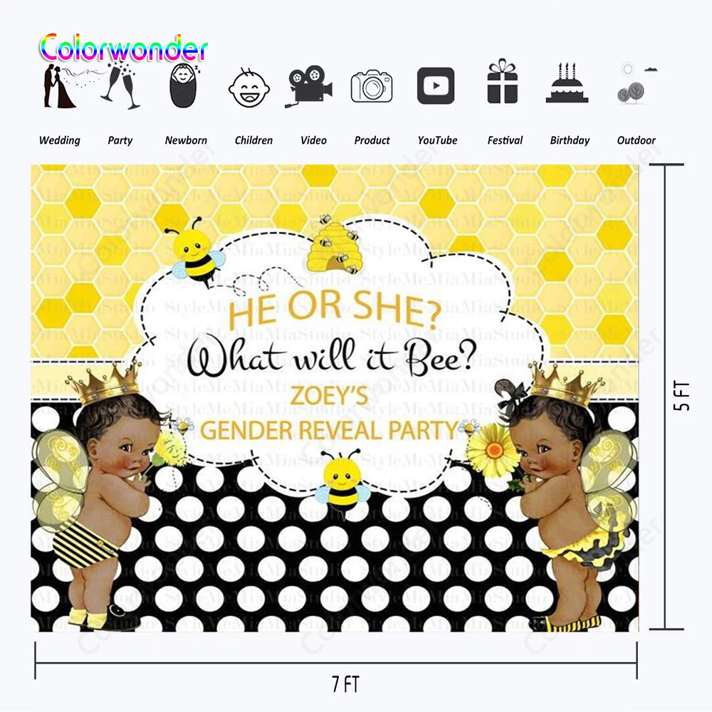 Baby Gender Reveal Backdrops for Kids Photography African Babies with Wings and Crown 7x5ft Bee Theme Yellow and Black Wall
Baby Gender Reveal Backdrops for Kids Photography African Babies with Wings and Crown 7x5ft Bee Theme Yellow and Black Wall