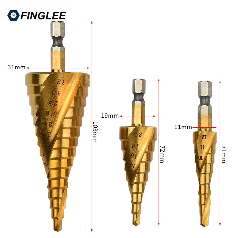 FINGLEE 3pcs 1/4"Spiral Grooved HSS Titanium Coated Step Drills 4-12mm 4-20mm 4-32mm Cone Drill Power Tools Drill Bits Set
FINGLEE 3pcs 1/4"Spiral Grooved HSS Titanium Coated Step Drills 4-12mm 4-20mm 4-32mm Cone Drill Power Tools Drill Bits Set