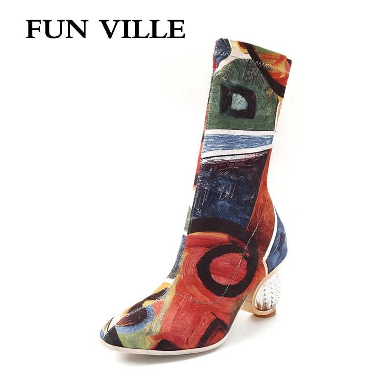 FUN VILLE Autumn winter New Style Colorful Women Ankle Boots Lycra Stretch Fabric High heels Boots sexy ladies shoes Round toe
FUN VILLE Autumn winter New Style Colorful Women Ankle Boots Lycra Stretch Fabric High heels Boots sexy ladies shoes Round toe