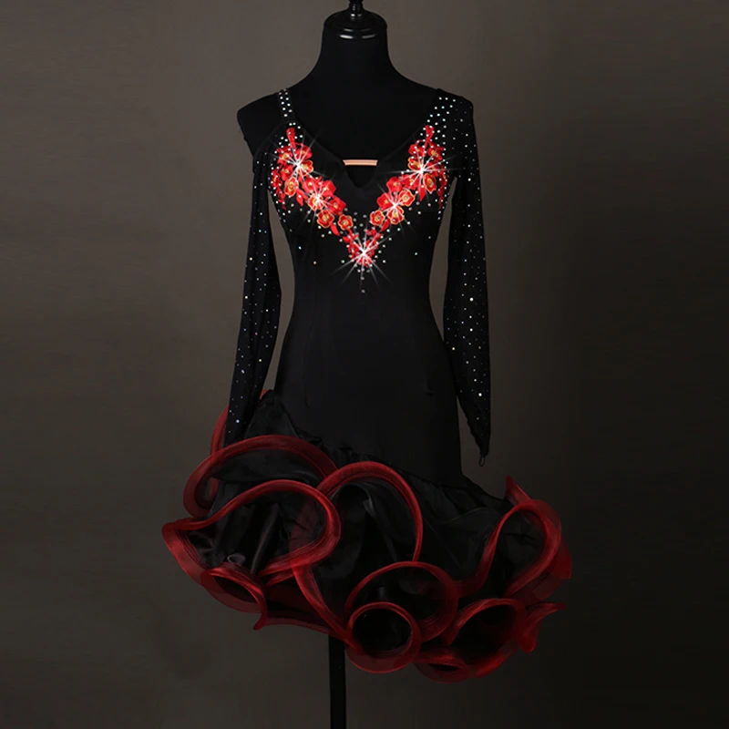 2017 New Ladies Women Latin Dance Dress Black Red embroidery diamond Accesories Chacha Rumba Samba tango Flamenco | Тематическая