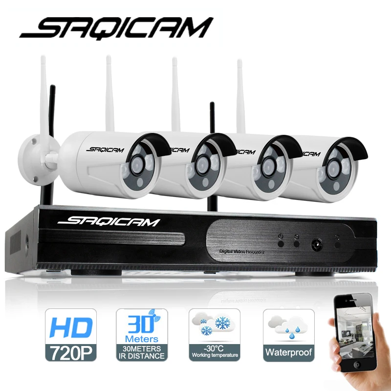 Saqicam 4CH Беспроводная система видеонаблюдения 720P WiFi NVR комплект 4 шт 1.0MP Всепогодная