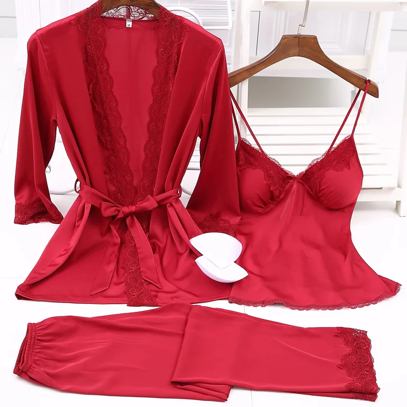 Ladies Sexy Silk Satin Pajama Set Lace Sleepwear Set Fashion Home Clothing V-neck Nightwear Bathrobe+Top+Pant 3 Pieces For Women
Ladies Sexy Silk Satin Pajama Set Lace Sleepwear Set Fashion Home Clothing V-neck Nightwear Bathrobe+Top+Pant 3 Pieces For Women