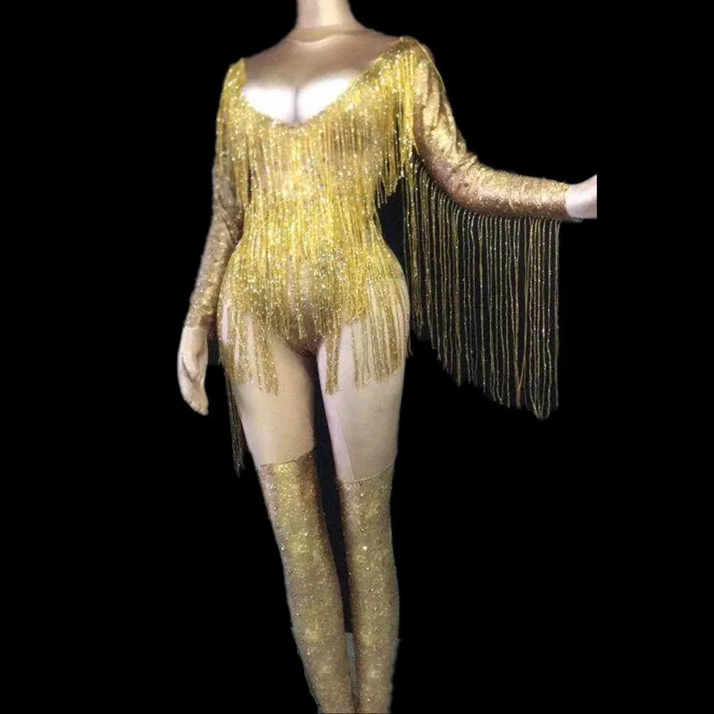 Women New Shiny Rhinestone Gold Bodysuit Sexy Long Tassel Outfit Nightclub Singer Costume Stage Dance DS Performance Bodysuit
Women New Shiny Rhinestone Gold Bodysuit Sexy Long Tassel Outfit Nightclub Singer Costume Stage Dance DS Performance Bodysuit