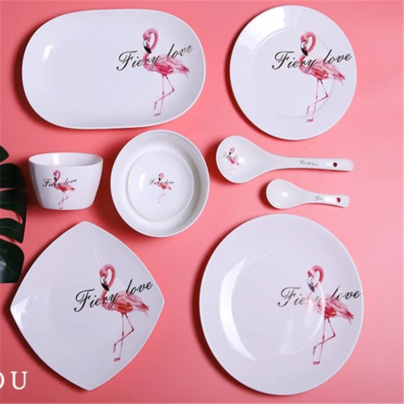 Набор керамических тарелок с изображением фламинго 4 шт. | Дом и сад