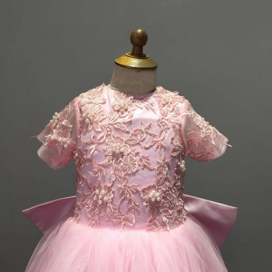 Applique Organza Tulle lace Bows High Collar Button Zipper Hand Made Flower Pearls Ball Gown Pink flower boy Real picture | Свадьбы и