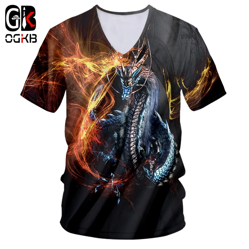 

OGBK New Fashion V Neck Tshirts Mens Cool Print Fire Dragon 3D Tshirt Casual T-shirts Man Fitness Workout Tee Shirt Big Size 7XL