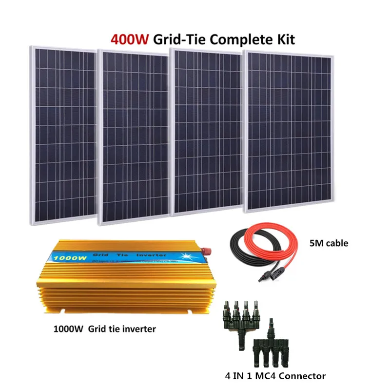 

400w Grid tie 4pcs 100w Poly solar panel home system kit with 1000W Grid Tie Inverter Complete 400W Grid Tie solar power system