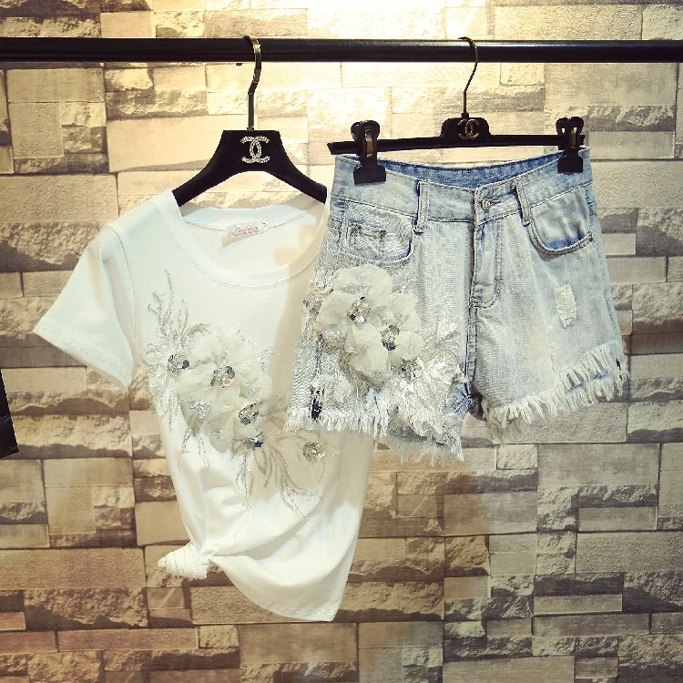 2021 Summer New Fashion Girls' Fashion 3D Flowers Short Sleeve T-shirt + Denim Shorts Twopiece Women Tassel Hole Jeans Sets
2021 Summer New Fashion Girls' Fashion 3D Flowers Short Sleeve T-shirt + Denim Shorts Twopiece Women Tassel Hole Jeans Sets