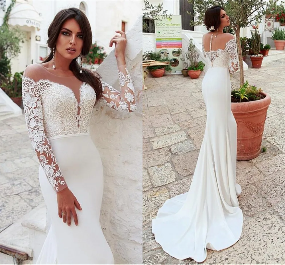 Vestidos Four Way Spandex Scoop Mermaid Wedding Dress 2020 With Lace Appliques Long Sleeves Bridal Dresses robe de mariage
Vestidos Four Way Spandex Scoop Mermaid Wedding Dress 2020 With Lace Appliques Long Sleeves Bridal Dresses robe de mariage