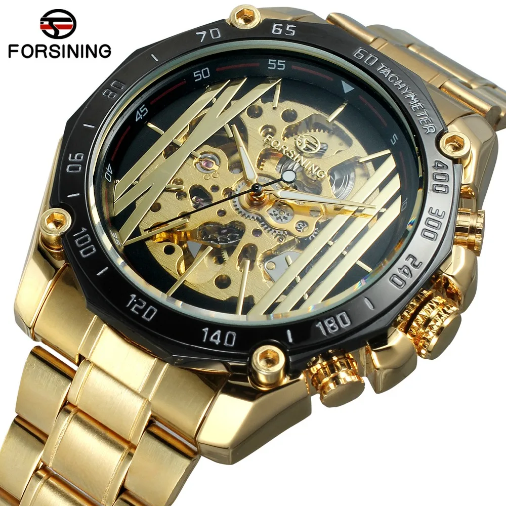 

FORSINING Men's Stainless Steel Band Classic Series Transparent Movement Steampunk Automatic Skeleton Watches Top Brand Clock