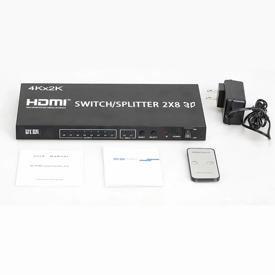 

Unnlink HDMI Splitter/Switcher 2X8 UHD HDMI1.4 4K@30Hz 2 Input 8 Output for LED 4K TV mi box monitor computer ps4 projector
