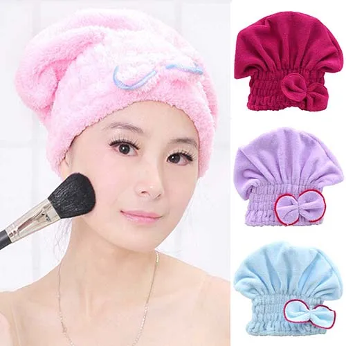 NEW Women's Hair Drying Hat Spa Towel Turban Cap Cute Bowknot Soft Coral Velvet Micro-fiber | Дом и