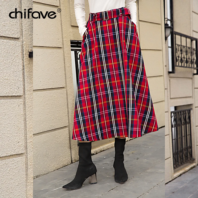 Фото Chifave 2018 модные зимние женские с высокой талией клетчатые юбки большие размеры