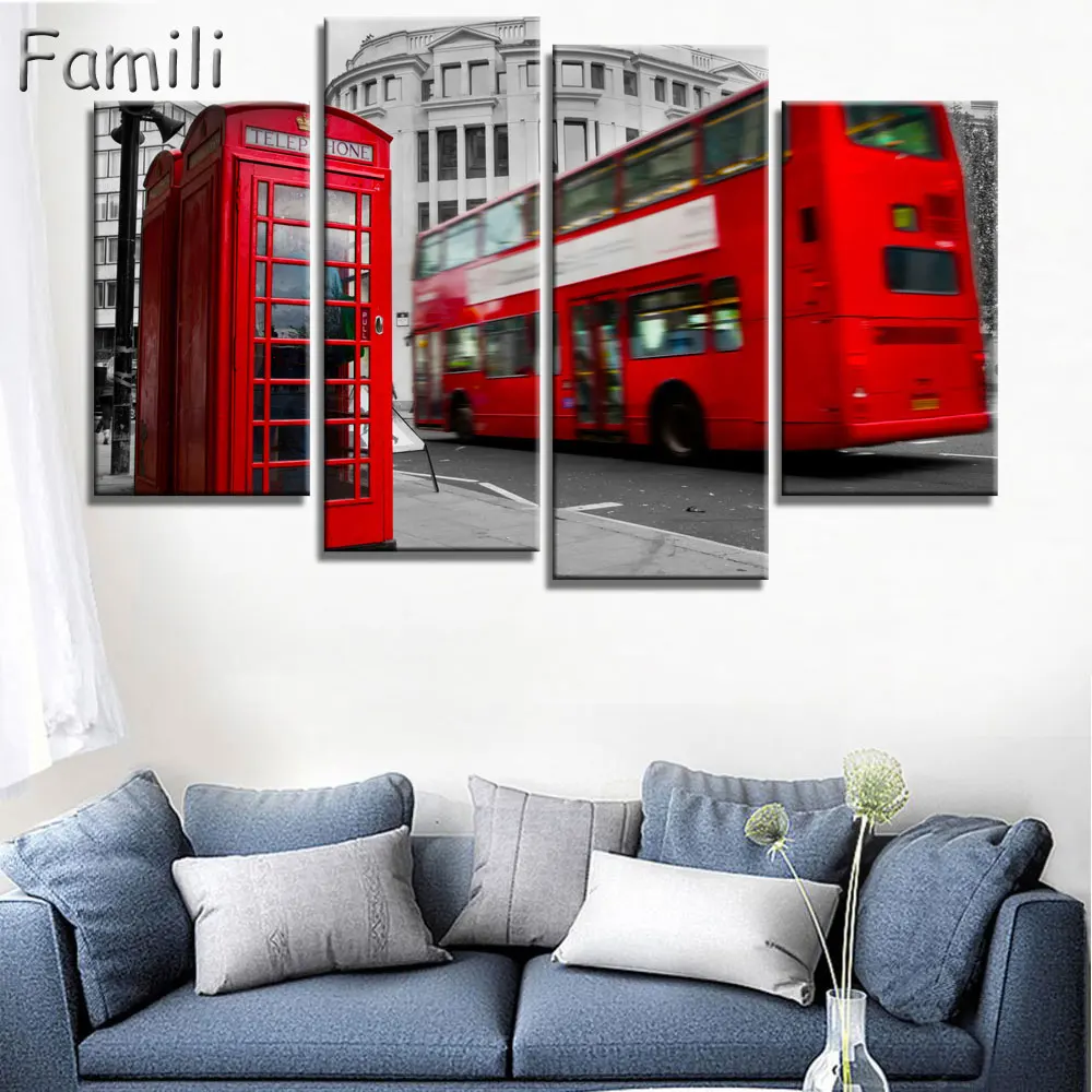 

4 Panel Modern London city Canvas art Painting on the Wall Modular Pictures vintage home decor Canvas Painting for Living Room