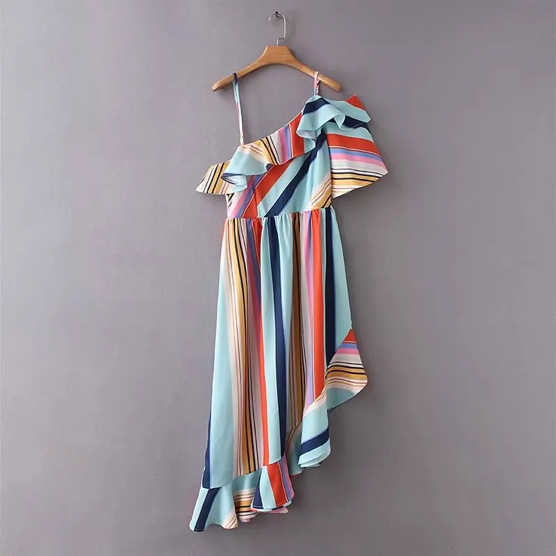 

Summer women Color stripes Asymmetrical sexy Sling dress Casual One-Shoulder Ruffles dresses lady Clothing vestidos D1603