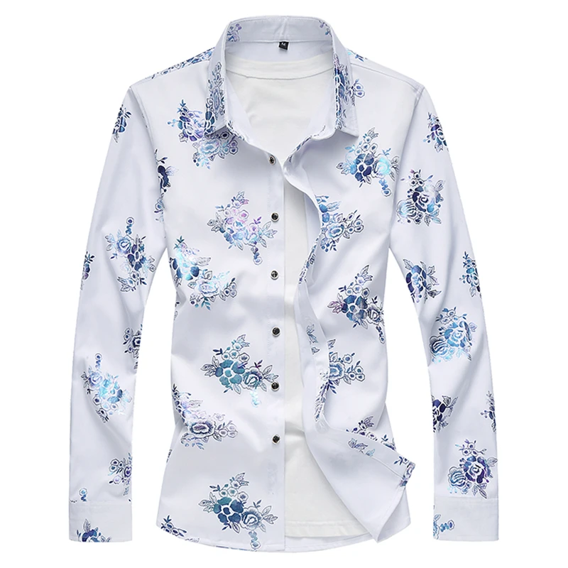 

7XL White Long Sleeve Printed Shirt Men's Single Breasted Lapel Shirt for All Seasons Large Men Top Shirts