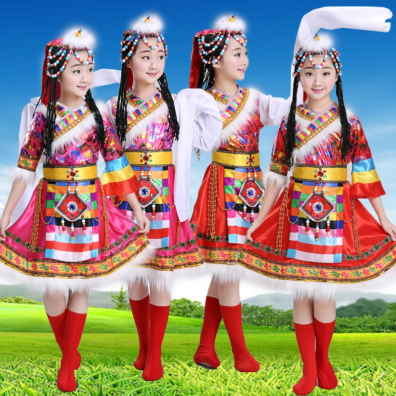 Новая тибетская Этническая Одежда для танцев Детская одежда девочек выступлений