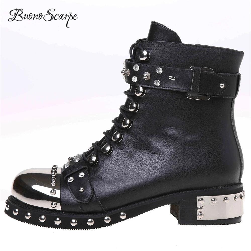 BuonoScarpe Women Lace Up Leather Strap Ankle Boots Rivets Metal Heels High Top Shoes Metal Round Toe Motorcycle Botas Mujer Hot
BuonoScarpe Women Lace Up Leather Strap Ankle Boots Rivets Metal Heels High Top Shoes Metal Round Toe Motorcycle Botas Mujer Hot