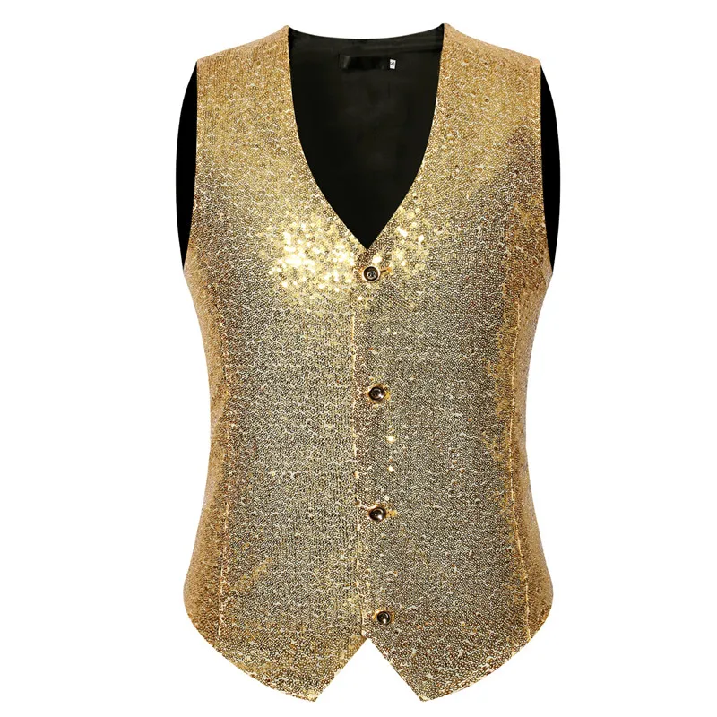 

Mens Single Breasted Sequin Suit Vest 2021 Luxury Gold Paillette Waistcoat Vest Men DJ Bar Stage Singers Costume Chaleco Hombre