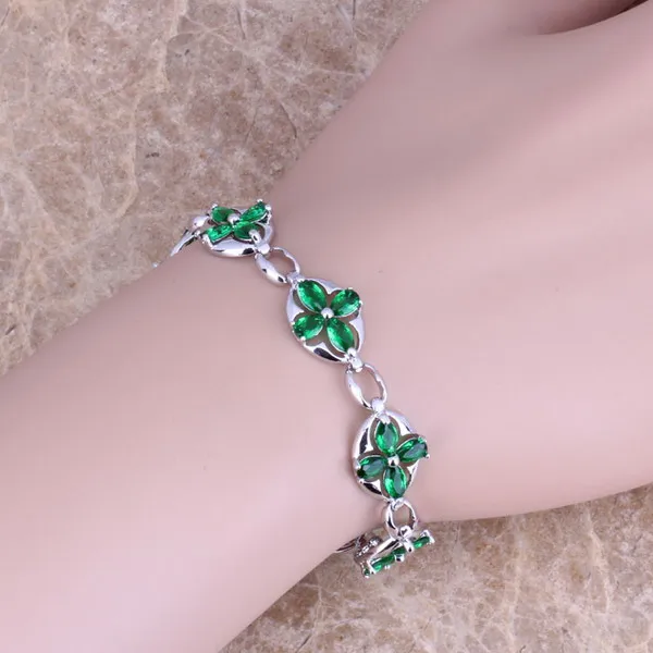 Amazing Green Cubic Zirconia Silver Plated Link Chain Bracelet 6.5 inch S0348 | Украшения и