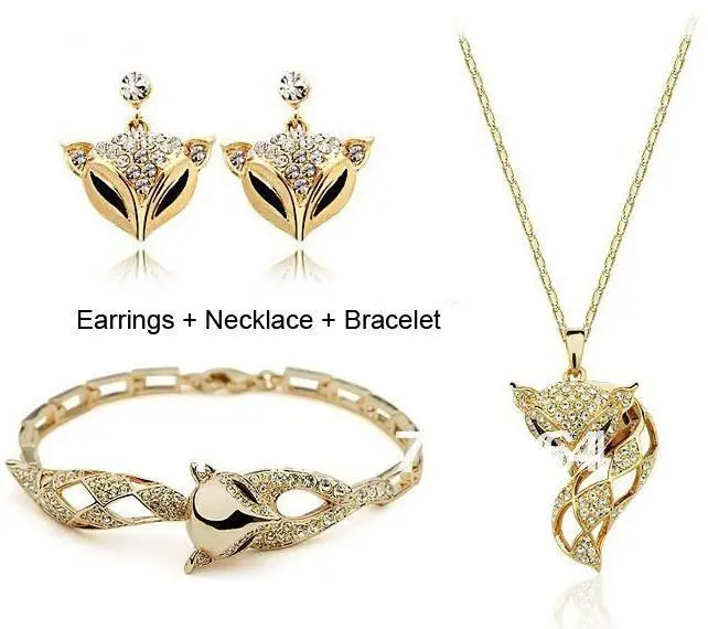 2014 New Arrival Free Shipping Fashion Jewelry Fox Animal Necklace / Bracelet / Earrings Set with Full Rhinestones in Gold Color
2014 New Arrival Free Shipping Fashion Jewelry Fox Animal Necklace / Bracelet / Earrings Set with Full Rhinestones in Gold Color