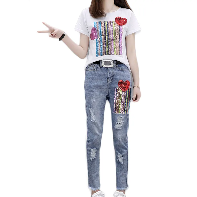 Autumn Spring 2019 New European Goods Paillette Printing Short Sleeve T-Shirt Ripped Jeans Pants Two Pcs Casual Suits Outfit
Autumn Spring 2019 New European Goods Paillette Printing Short Sleeve T-Shirt Ripped Jeans Pants Two Pcs Casual Suits Outfit