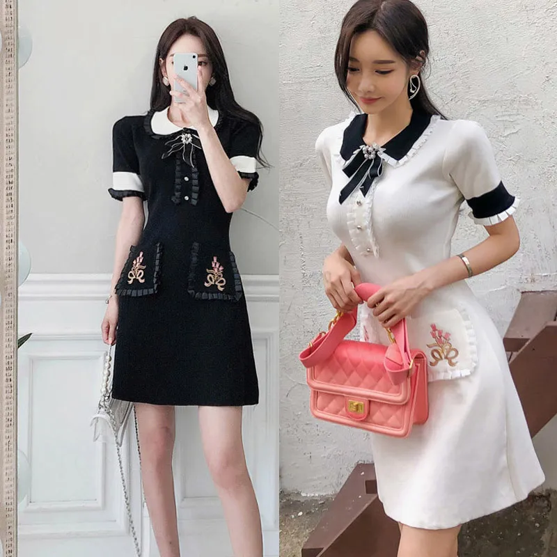 2019 summer New fashion Korean Knitted Dress Women Bow Turn-Down Stretch Dresses Embroidered flower pocket Vestidos robe femme
2019 summer New fashion Korean Knitted Dress Women Bow Turn-Down Stretch Dresses Embroidered flower pocket Vestidos robe femme