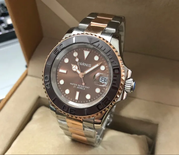 41MM PARNIS Coffee color dial 21 jewel Automatic Self-Wind movement Ceramic bezel Sapphire Crystal luminous men's watch PA139-P8
41MM PARNIS Coffee color dial 21 jewel Automatic Self-Wind movement Ceramic bezel Sapphire Crystal luminous men's watch PA139-P8