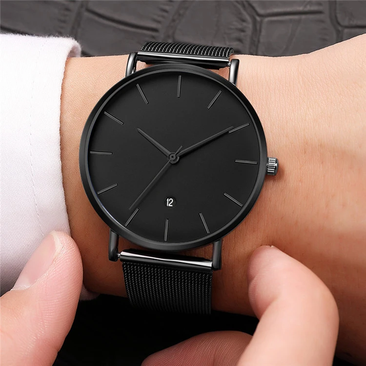 Черные наручные часы Мужские платье известный бренд из нержавеющей стали