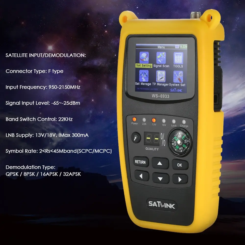 Цифровой прибор для поиска спутникового сигнала SATLINK WS6933, с ЖК-дисплеем, с компасом
Цифровой прибор для поиска спутникового сигнала SATLINK WS6933, с ЖК-дисплеем, с компасом