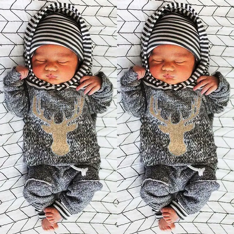 Infant Baby Clothes Sets Deer Animal Print Long sleeve Hooded Tops T-Shirt+Striped Gray Pants 2PCS Clothing Set
Infant Baby Clothes Sets Deer Animal Print Long sleeve Hooded Tops T-Shirt+Striped Gray Pants 2PCS Clothing Set