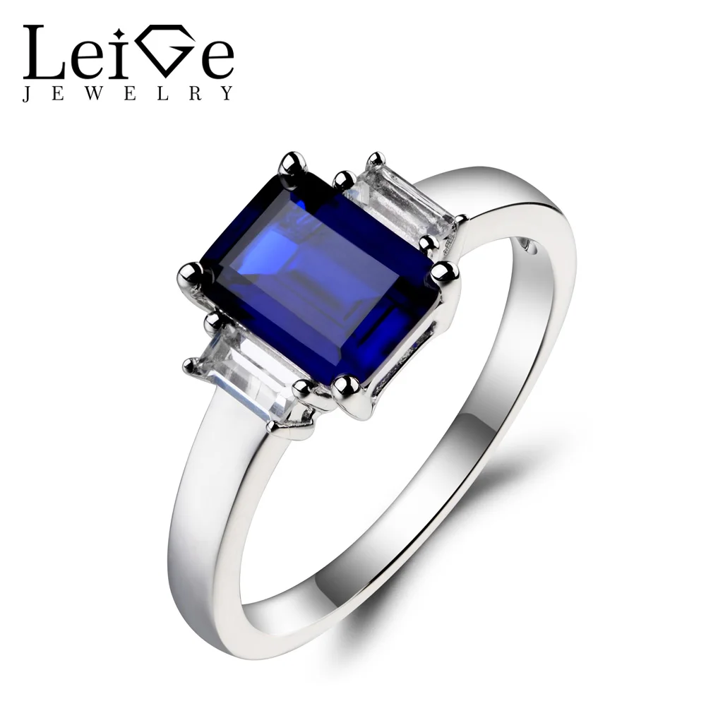 

Leige Jewelry Blue Sapphire Ring Wedding Ring September Birthstone Emerald Cut Blue Gemstone 925 Sterling Silver Ring for Women