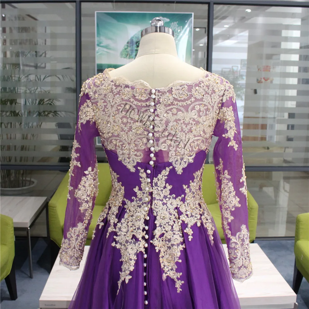 Custom Made Purple Long Sleeve Arabic Evening Dress Gold Beaded Appliques Tulle A Line Formal Occasion Women Dresses Cheap 
Custom Made Purple Long Sleeve Arabic Evening Dress Gold Beaded Appliques Tulle A Line Formal Occasion Women Dresses Cheap