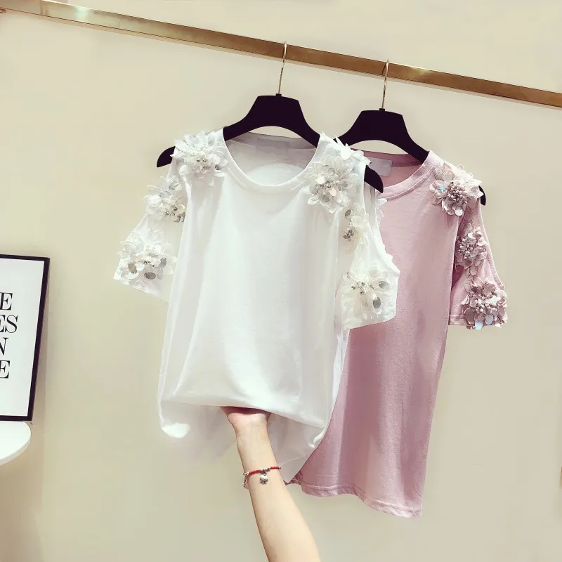 2019 New Summer Fashion O Neck Short Sleeve O Neck Pullovers White Tshirts Off The Shoulder Beading Flower Casual Tops
2019 New Summer Fashion O Neck Short Sleeve O Neck Pullovers White Tshirts Off The Shoulder Beading Flower Casual Tops