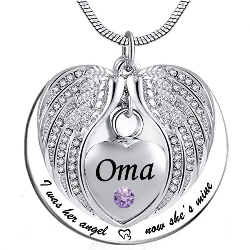 Angel Wing Memorial Keepsake Ashes Urn Pendant Birthstone crystal Necklace,I Was His/Her Angel Now He's/She's Mine -for oma 
Angel Wing Memorial Keepsake Ashes Urn Pendant Birthstone crystal Necklace,I Was His/Her Angel Now He's/She's Mine -for oma