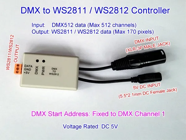 Контроллер DMX-WS2811, контроллер DMX512-WS2812/WS2812B до 170 пикселей. Постоянный ток 5 В. Адрес запуска DMX установлен на канале 1.
Контроллер DMX-WS2811, контроллер DMX512-WS2812/WS2812B до 170 пикселей. Постоянный ток 5 В. Адрес запуска DMX установлен на канале 1.