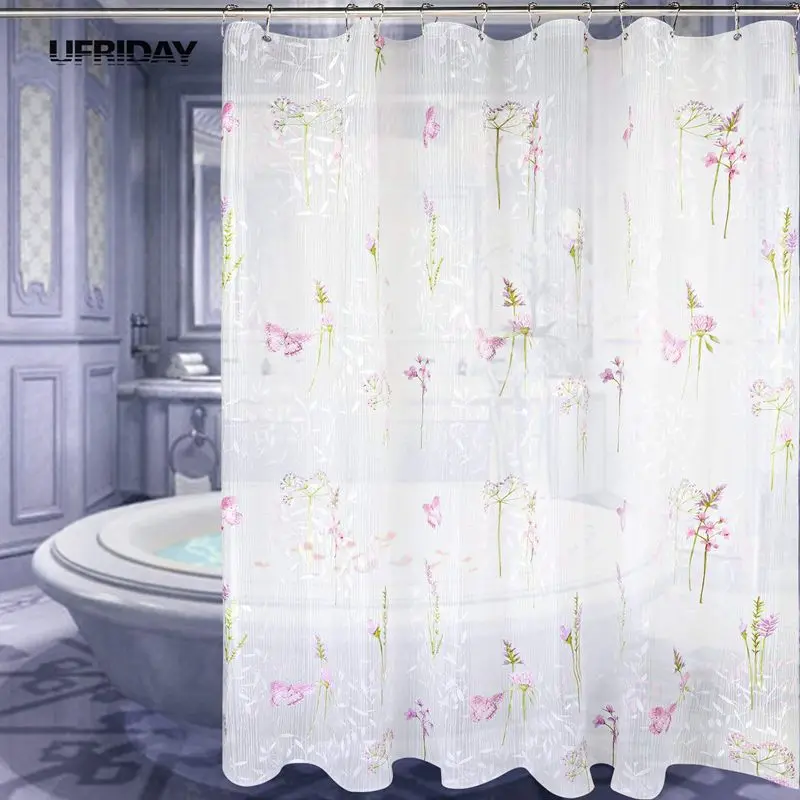 

UFRIDAY PEVA Bathroom Shower Curtains Waterproof Bath Curtain Solid Translucent Butterfly Grass Pattern 180*180CM High Quality