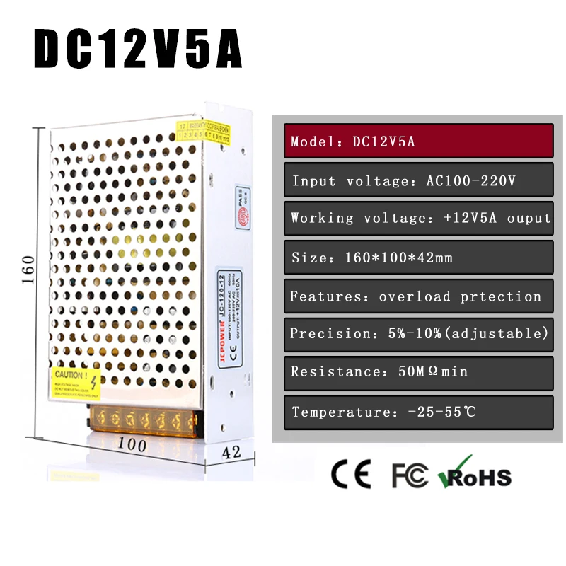 AC 110V 220V to DC 12V 5A Voltage Transformer Switch Power Supply for Led Strip Led control Led switch LED display
AC 110V 220V to DC 12V 5A Voltage Transformer Switch Power Supply for Led Strip Led control Led switch LED display