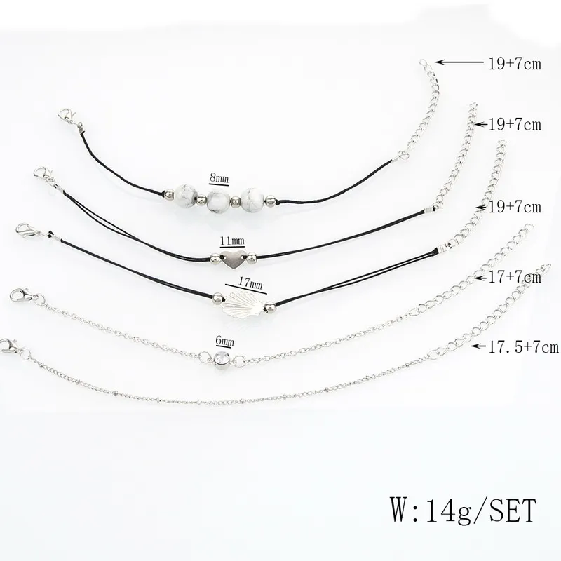 5 Pcs/Set Bohemian Women Multilayer Hollow Shell Heart Bead Crystal Leather Chain Bracelet Set Charm Fashion Jewelry Gift | Украшения и