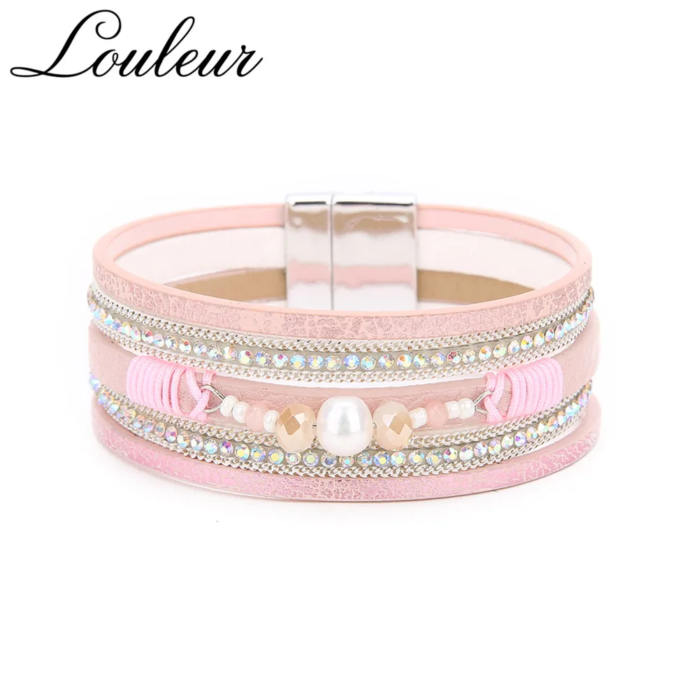 Louleur Bohemian Pearl Leather Bracelets For Women 2019 Crystal Pink Blue Multilayer Wrap Charm Bracelet Pulseras Mulher Jewelry | Украшения